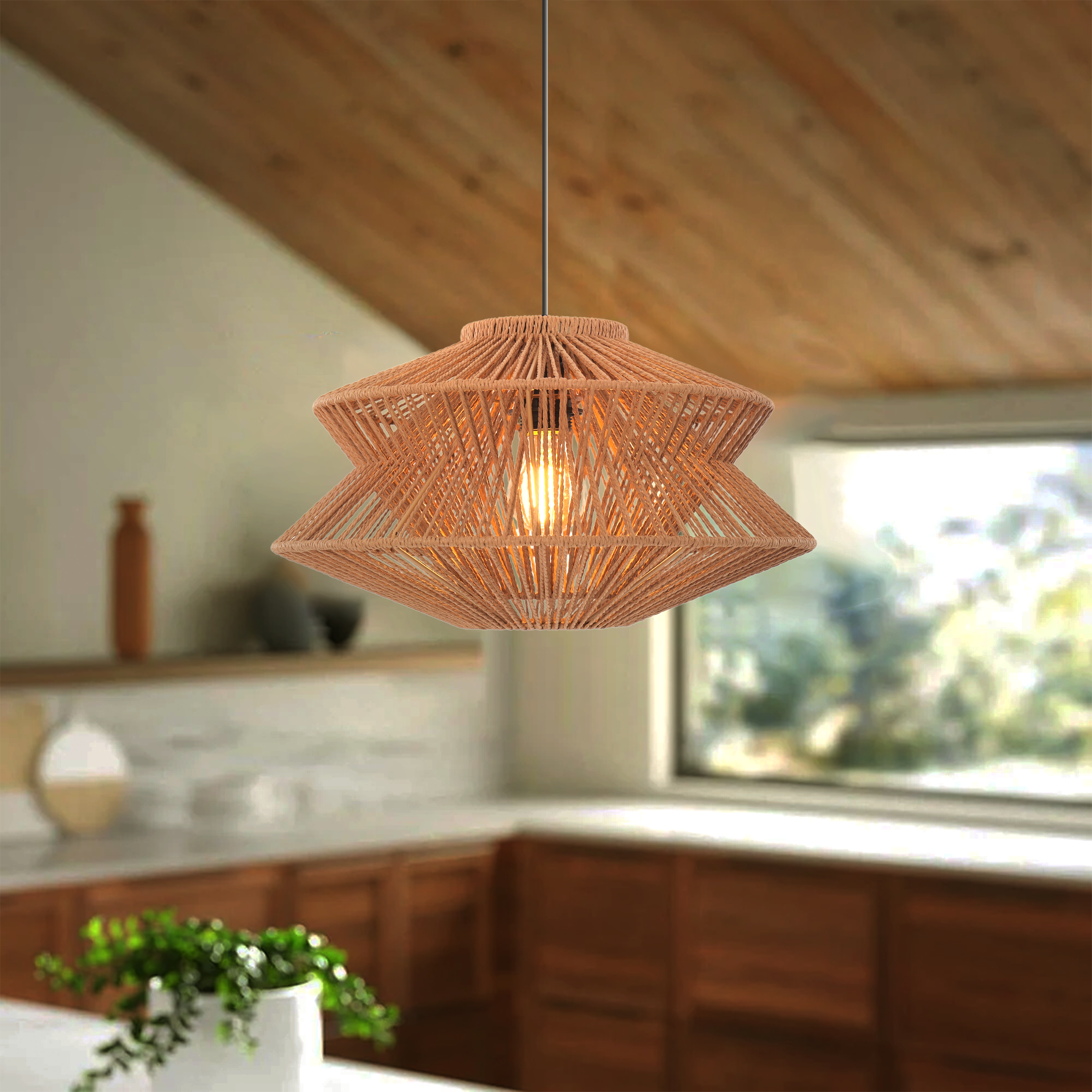 Khaki Handwoven Paper Rope Pendant Light with Iron Frame