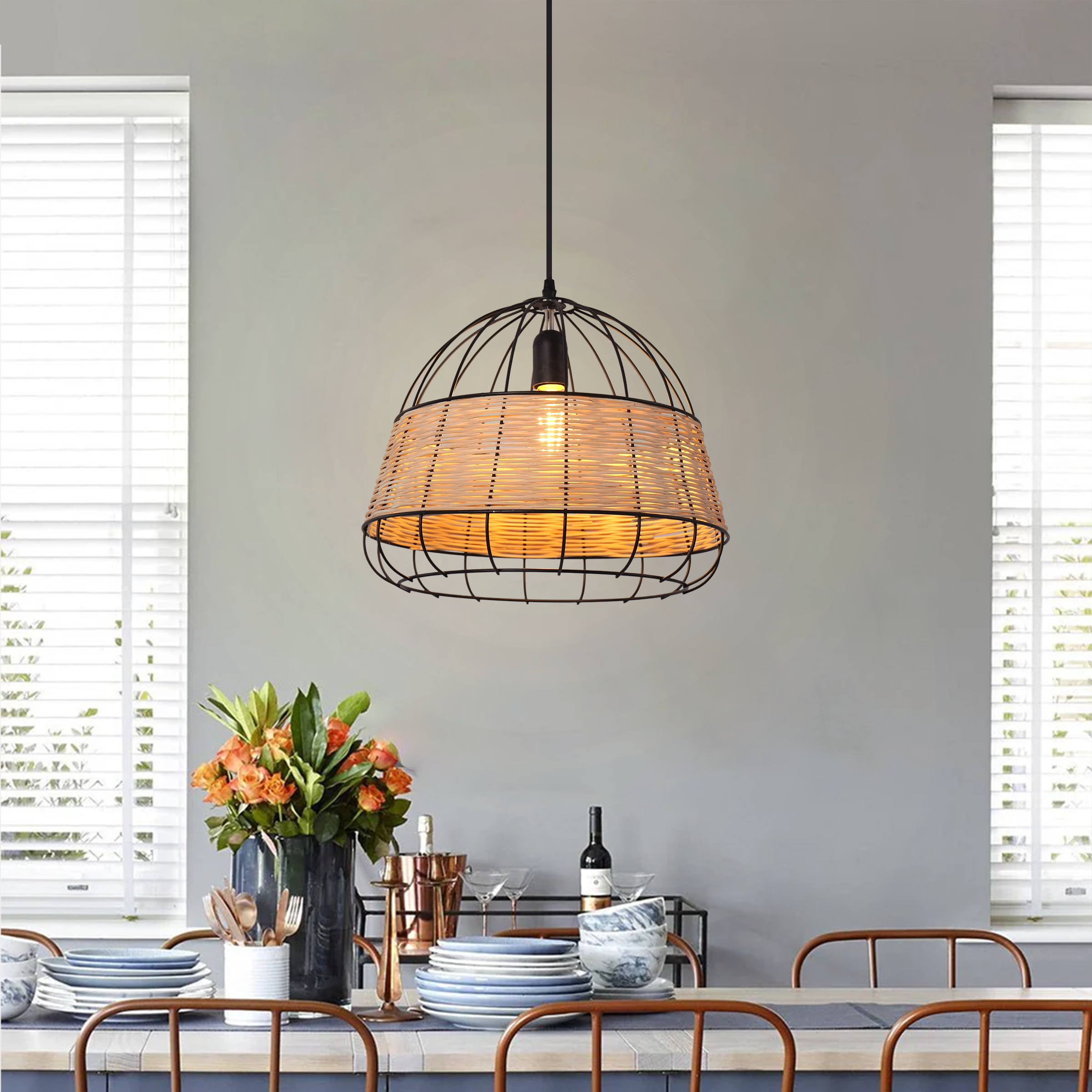 Handcrafted Rattan Pendant Light with Iron Frame for Home Décor