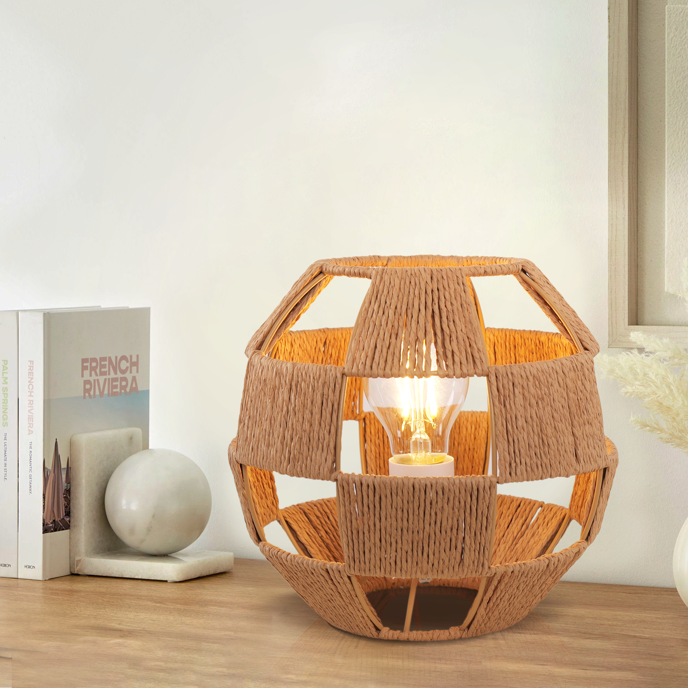 Handwoven Jute Globe Table Lamp - Eco-friendly Spherical Bedside Desk Lighting
