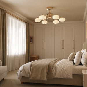 Quiet Copper Acrylic Ceiling Fan Light with 6-Speed Control and Remote light on a bedroom bedside