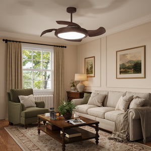 Walnut Effect LED Ceiling Fan Light with Remote for Living Room & light in a living room