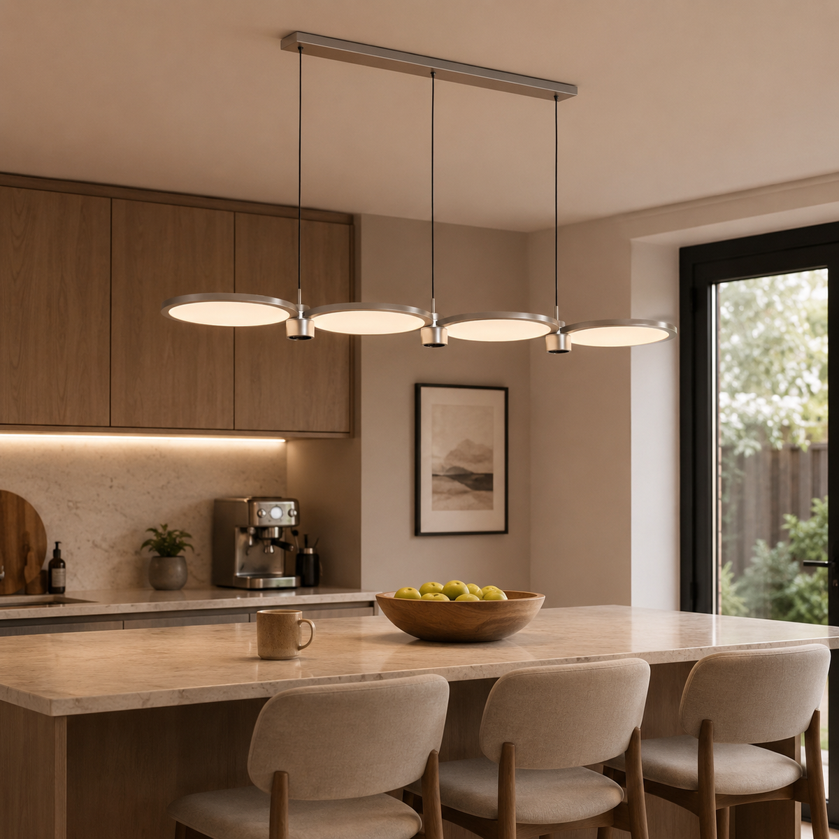 silver linear full spectrum pendant light above a bright dining table, SKU XZ0185