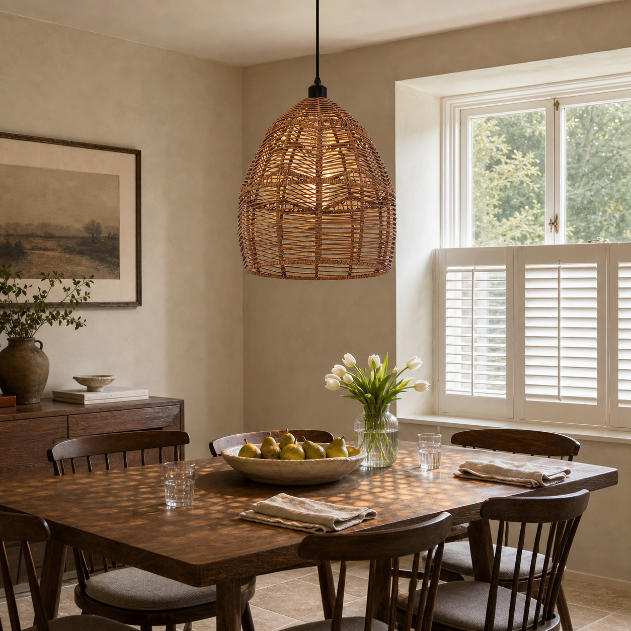 rattan wicker pendant light above a bright dining table