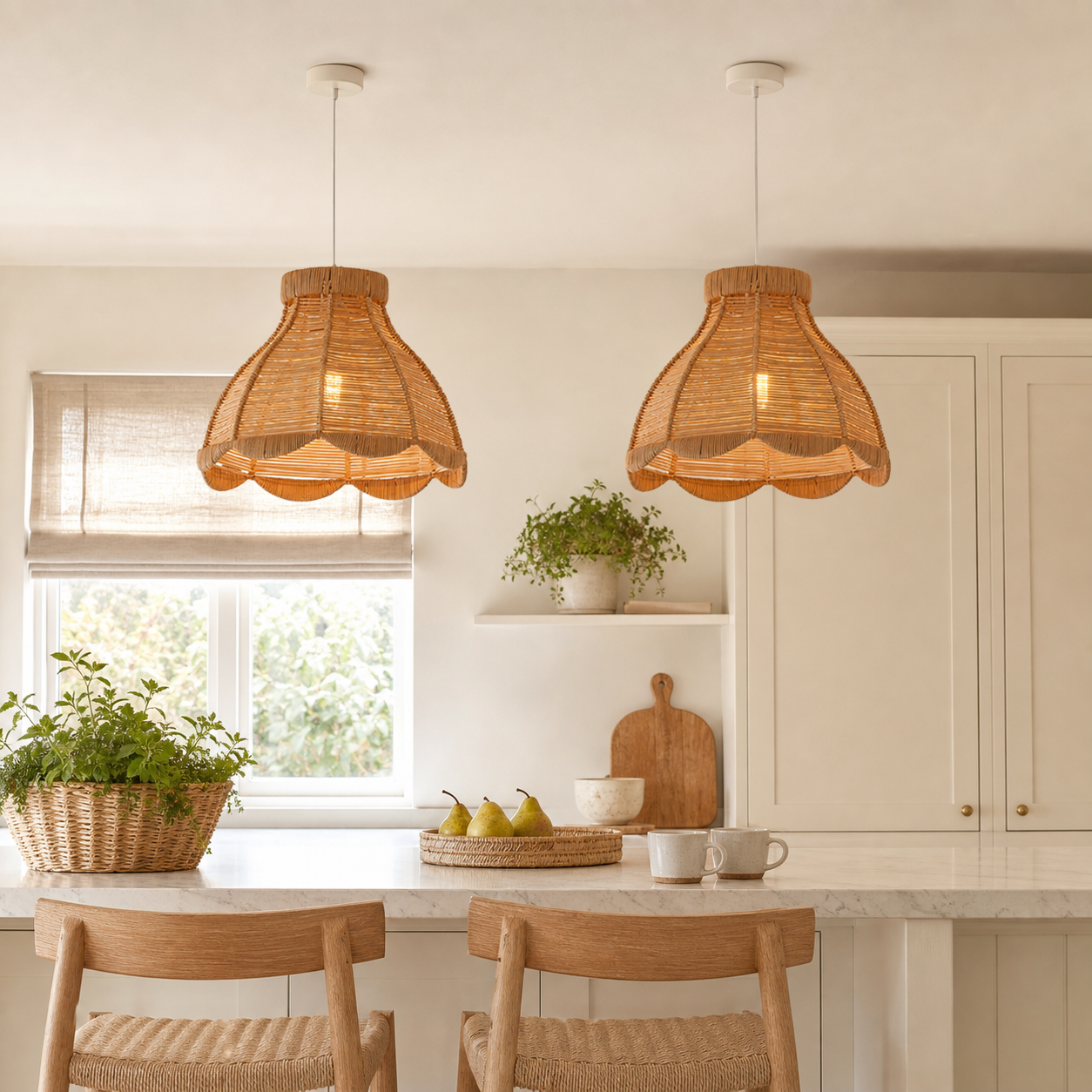 rattan pendant light over a warm kitchen counter