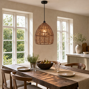 rattan wicker pendant light over a warm kitchen counter