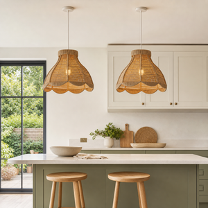 rattan pendant light in a sunlit breakfast nook