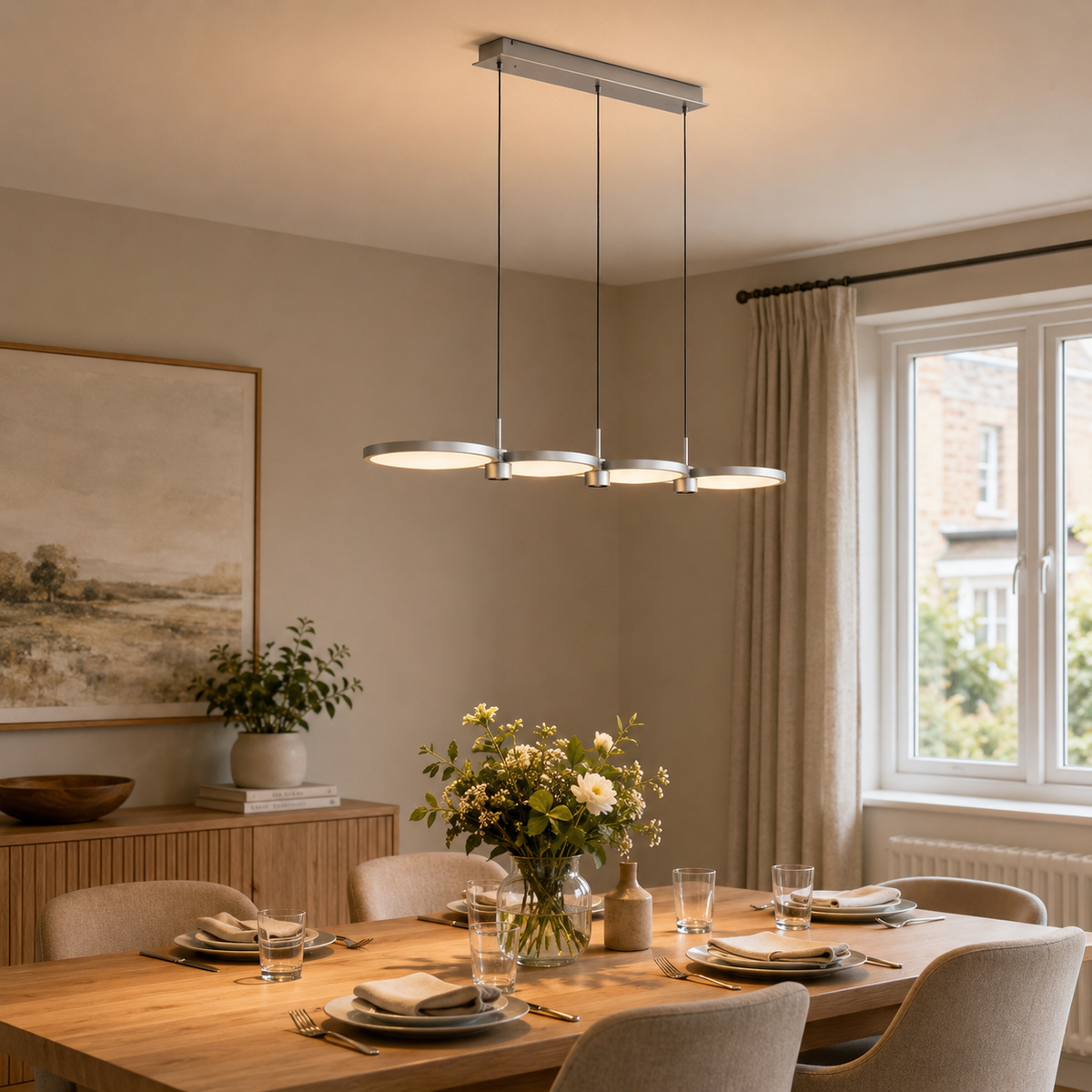silver linear full spectrum pendant light in a sunlit breakfast nook, SKU XZ0185
