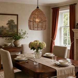 rattan wicker pendant light in a sunlit breakfast nook