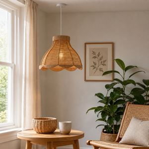 rattan pendant light in a sunlit breakfast nook