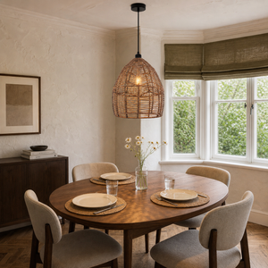 rattan wicker pendant light beside a bright window