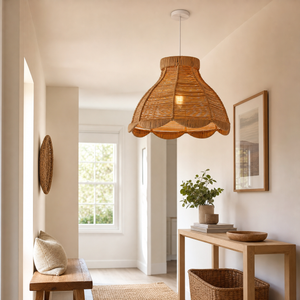 rattan pendant light beside a bright window