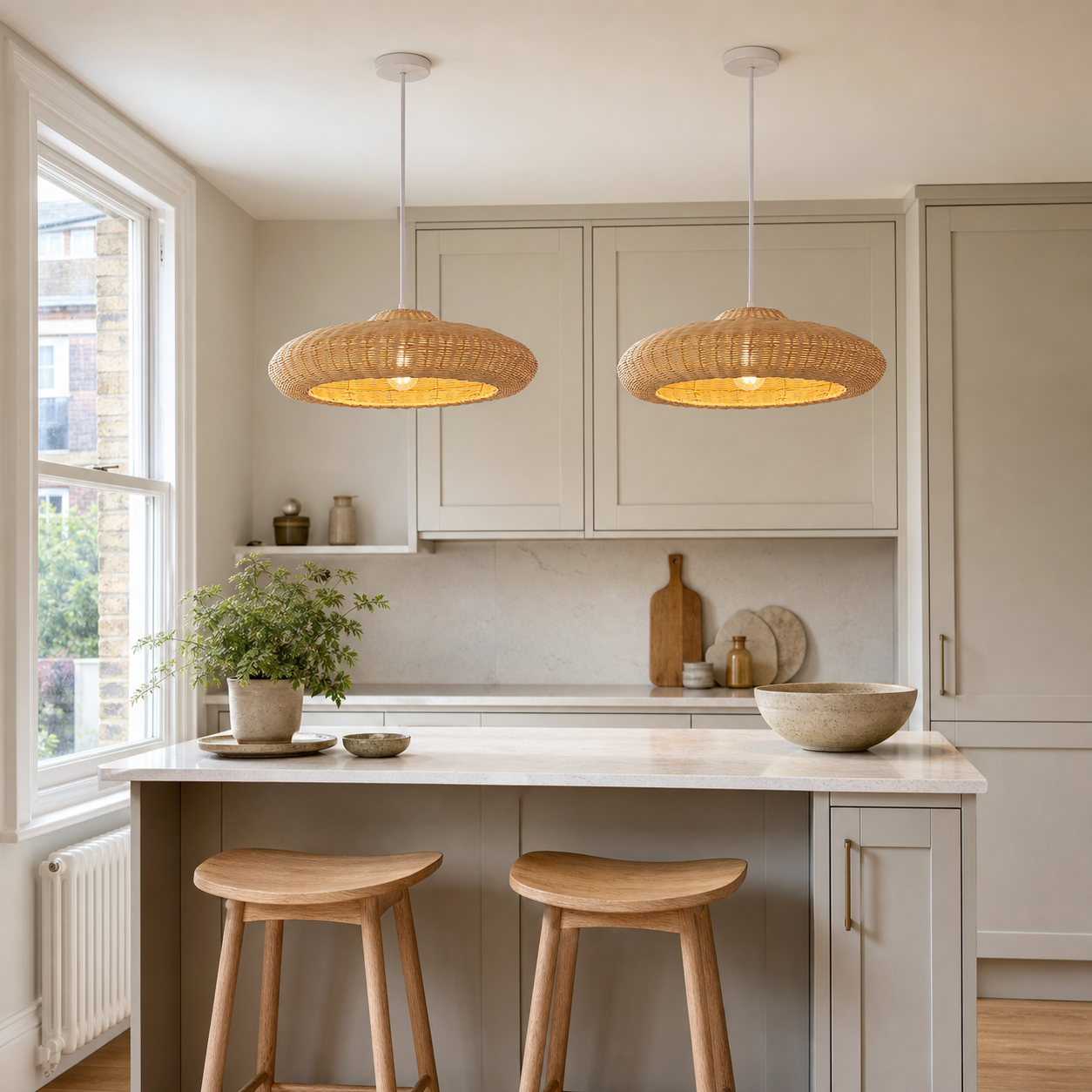 rattan pendant light above a bright dining table