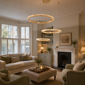 ring pendant light over a warm kitchen counter
