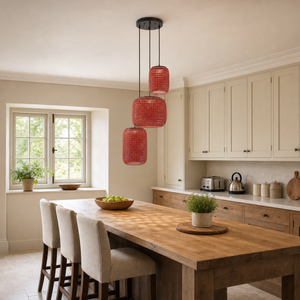 designer high-end handwoven multi-light pendant light over a warm kitchen counter