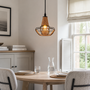 rattan iron pendant light over a warm kitchen counter