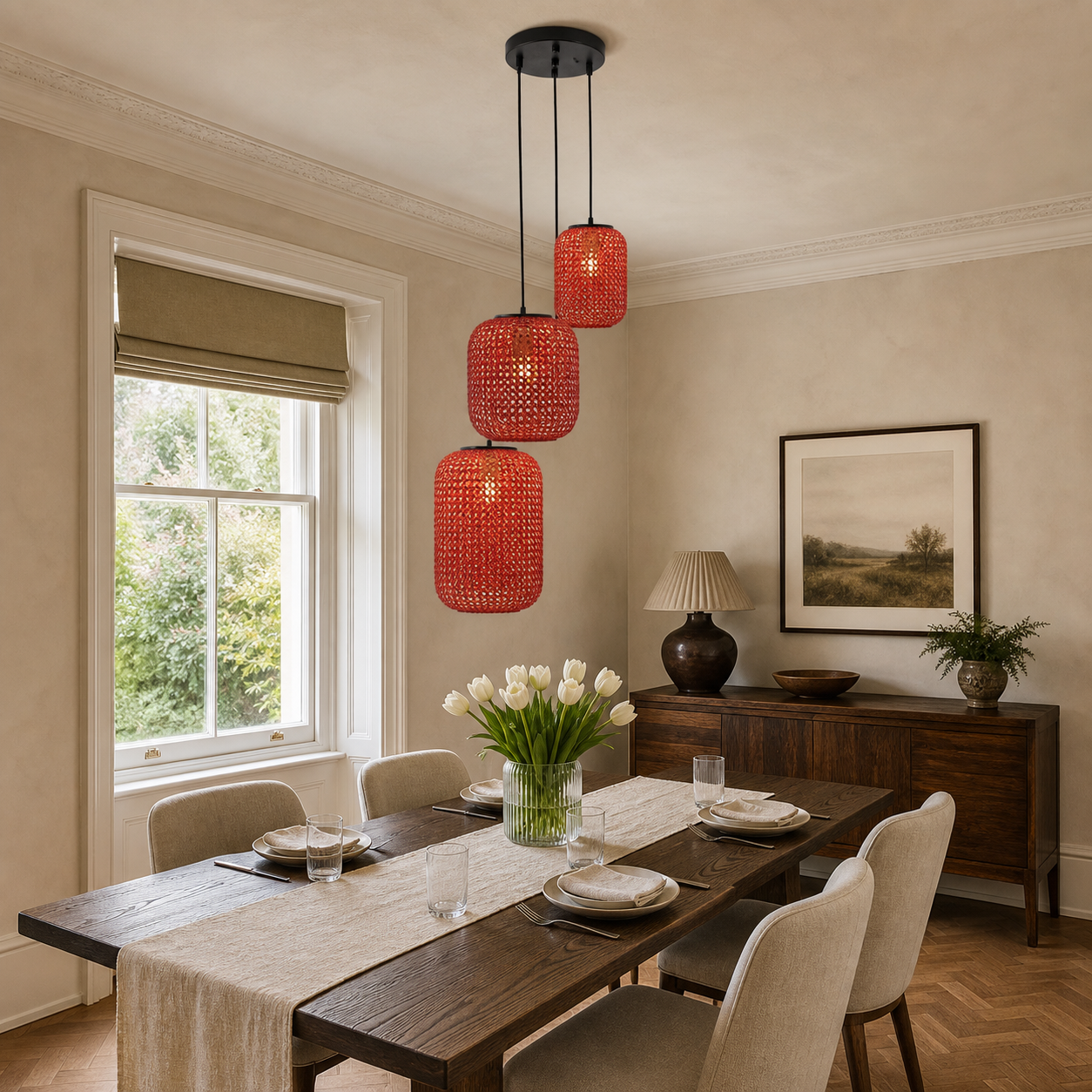 designer high-end handwoven multi-light pendant light in a sunlit breakfast nook