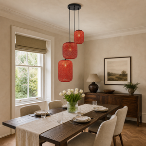 designer high-end handwoven multi-light pendant light in a sunlit breakfast nook