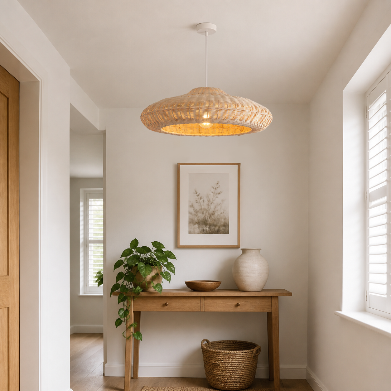 rattan pendant light over a warm kitchen counter