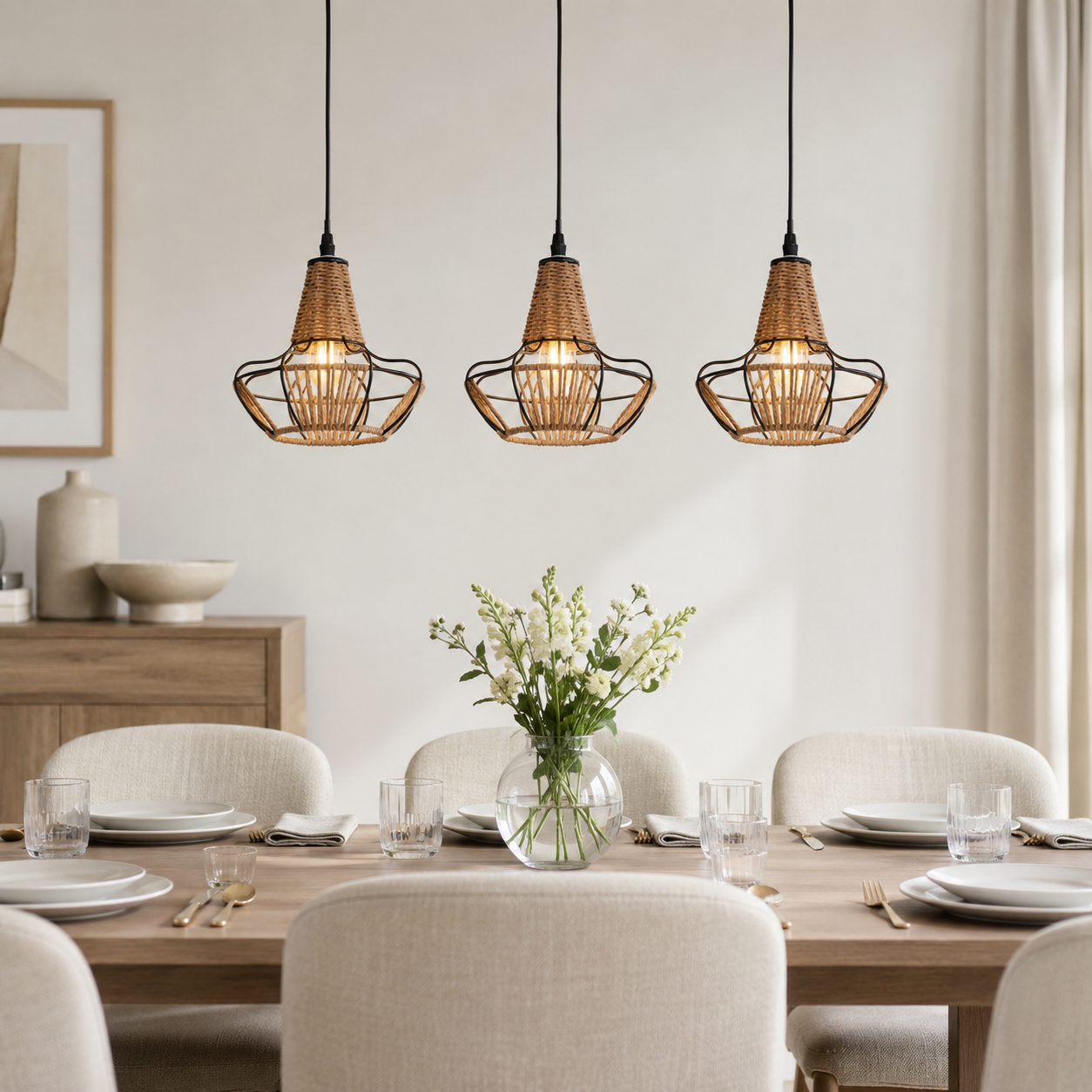 rattan iron pendant light in a sunlit breakfast nook