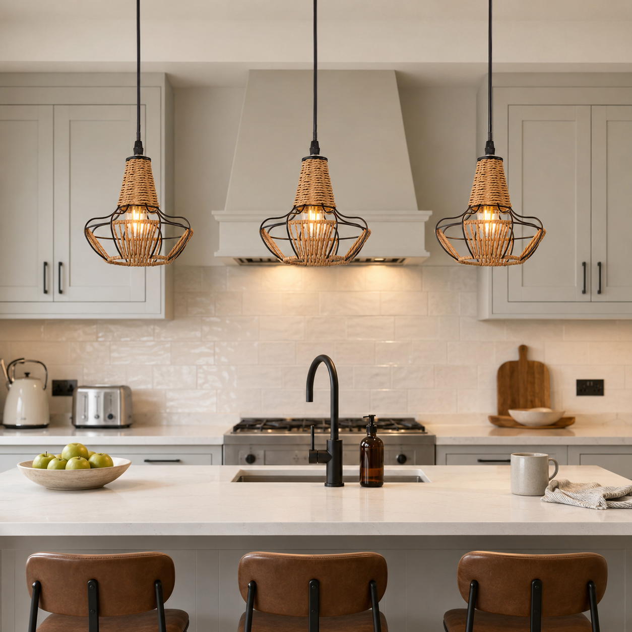 rattan iron pendant light beside a bright window