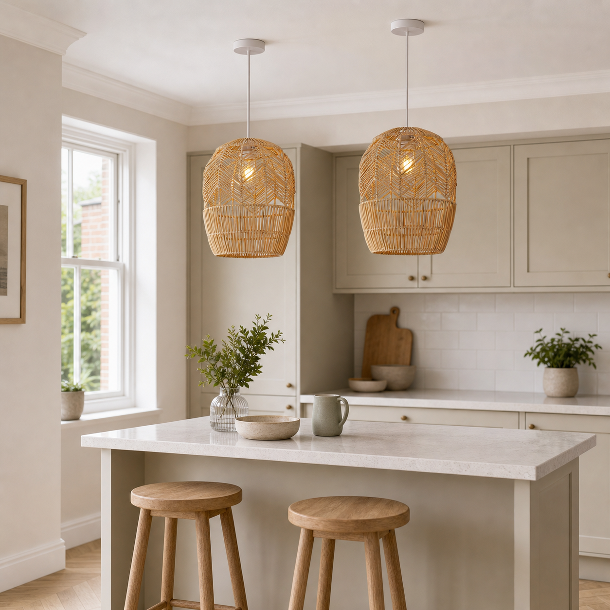 rattan pendant light above a bright dining table