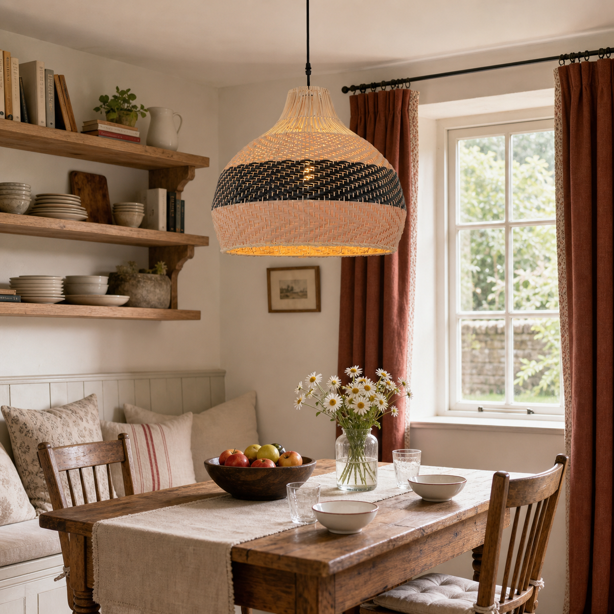black rattan pendant light over a warm kitchen counter