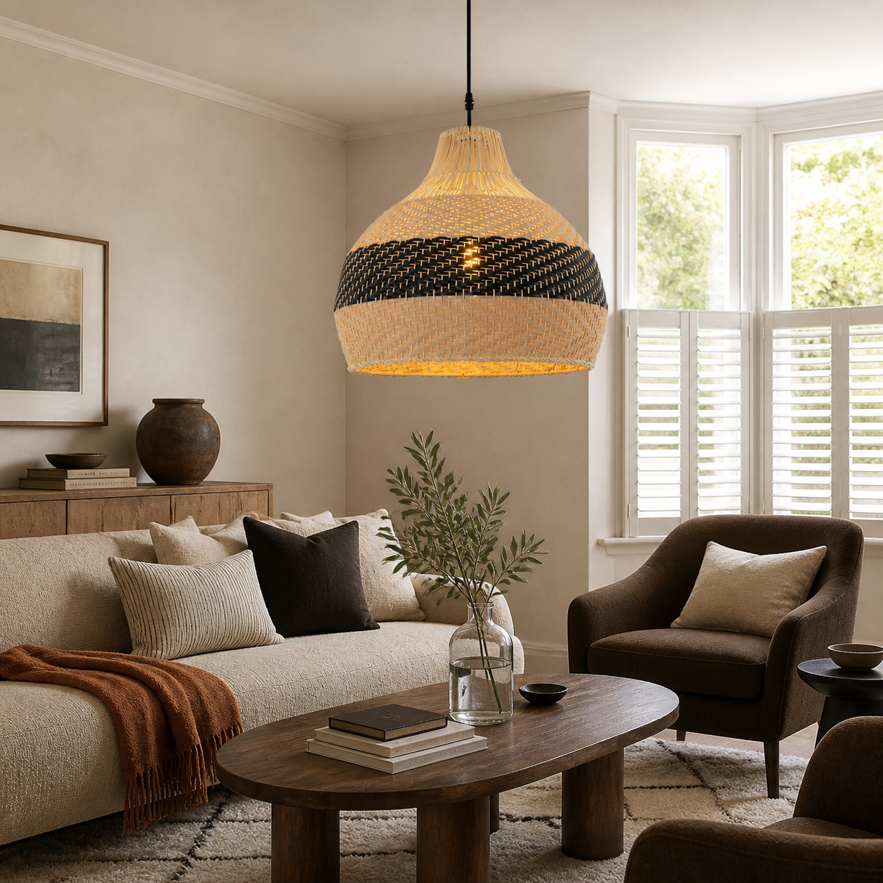 black rattan pendant light in a sunlit breakfast nook