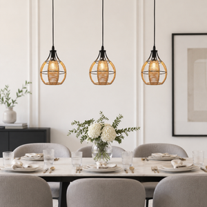 paper rope pendant light in a sunlit breakfast nook