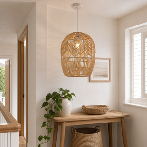 rattan pendant light over a warm kitchen counter