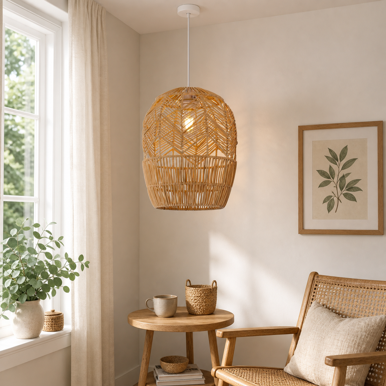 rattan pendant light in a sunlit breakfast nook