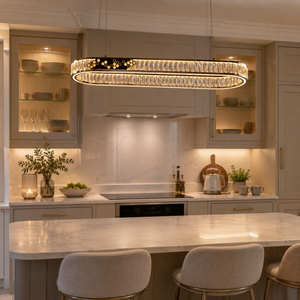 ring pendant light above a bright dining table