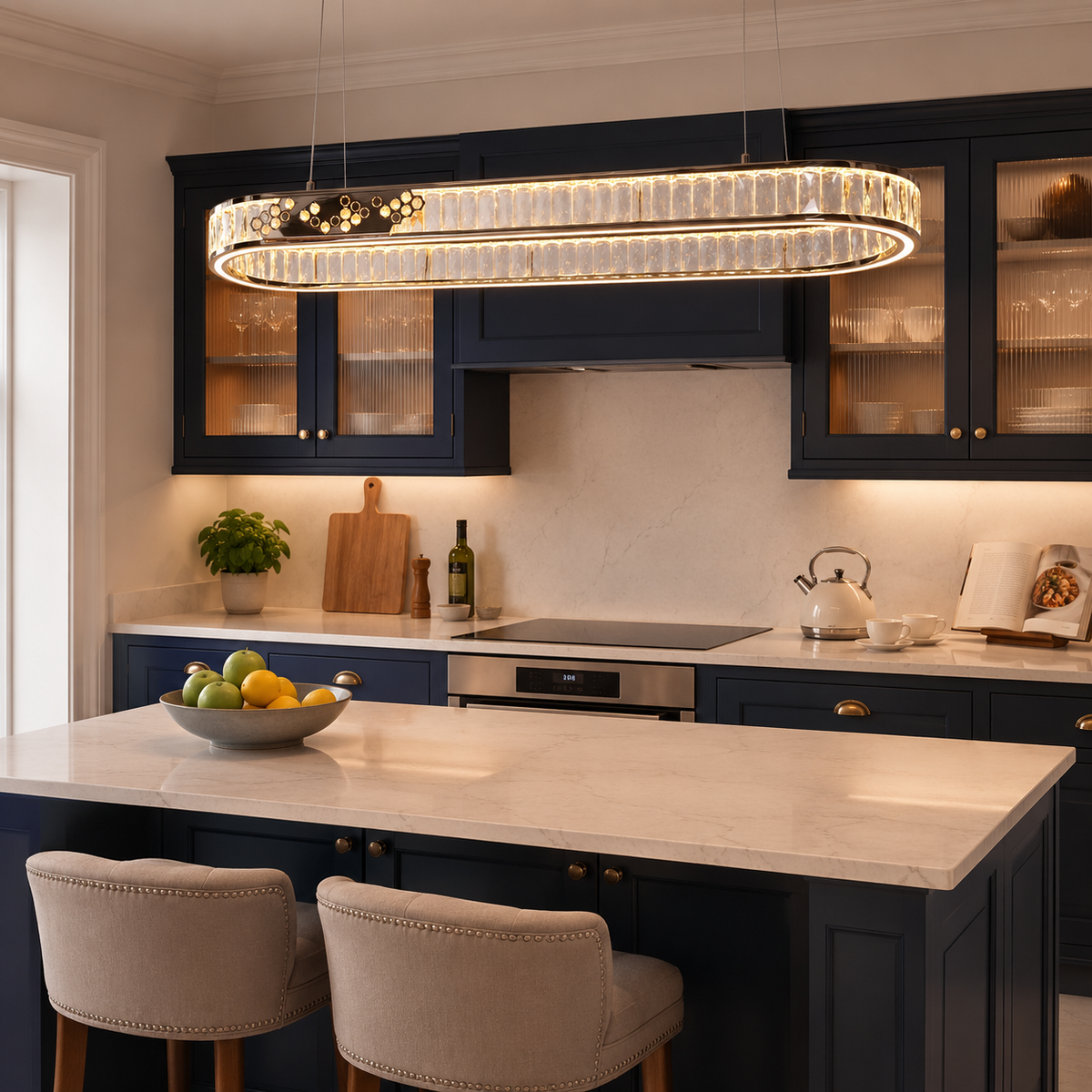 ring pendant light over a warm kitchen counter