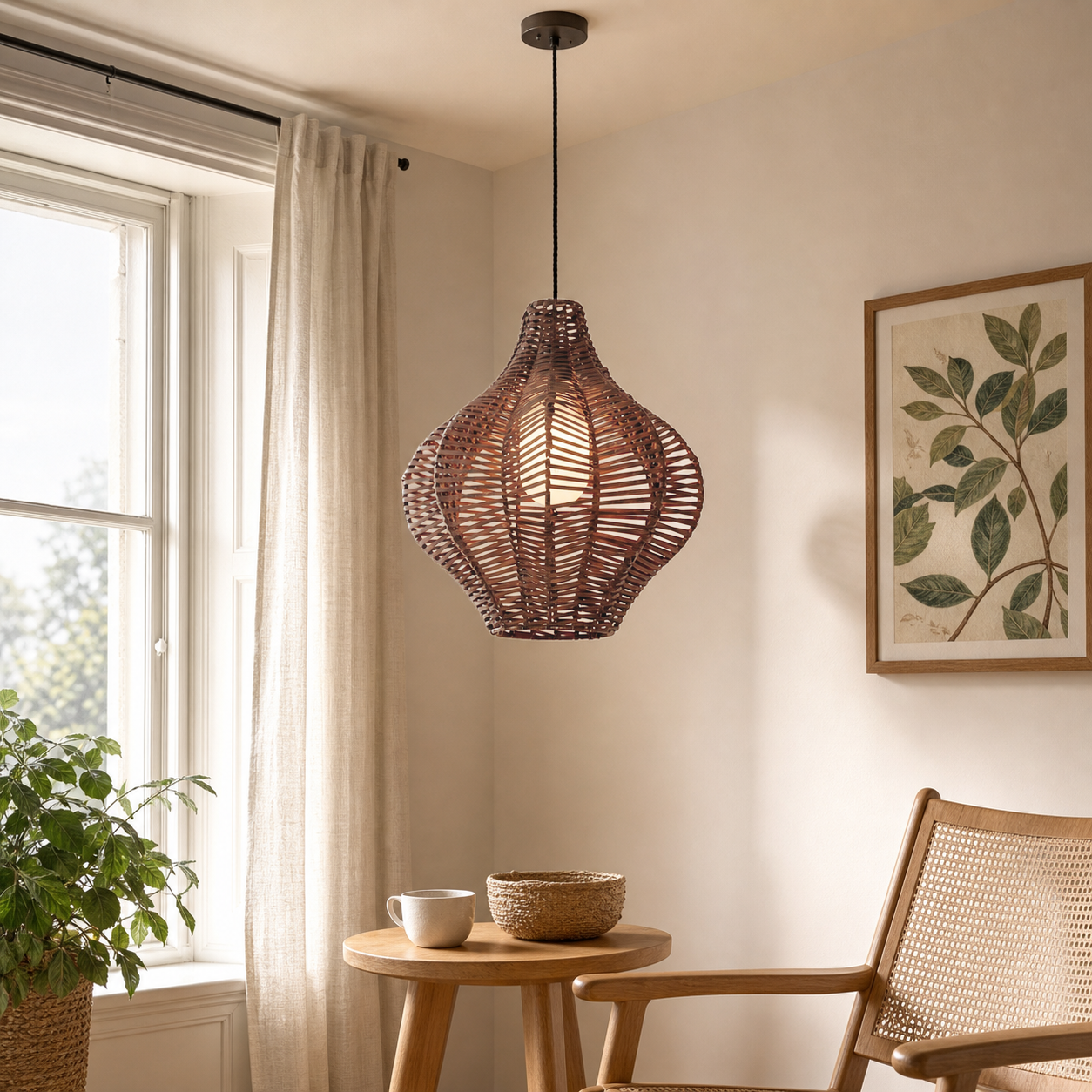 rattan wood pendant light in a sunlit breakfast nook