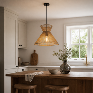 paper rope pendant light in a sunlit breakfast nook