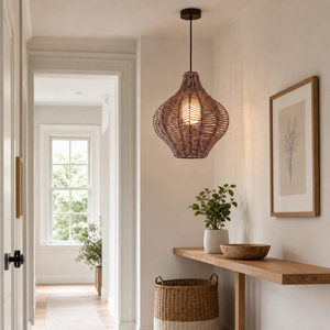 rattan wood pendant light beside a bright window