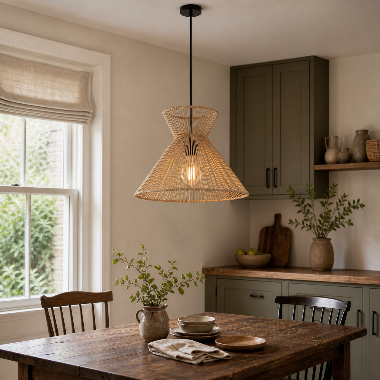 paper rope pendant light beside a bright window