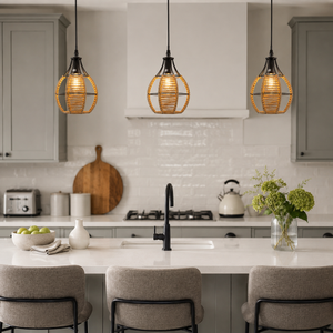 rattan iron pendant light beside a bright window