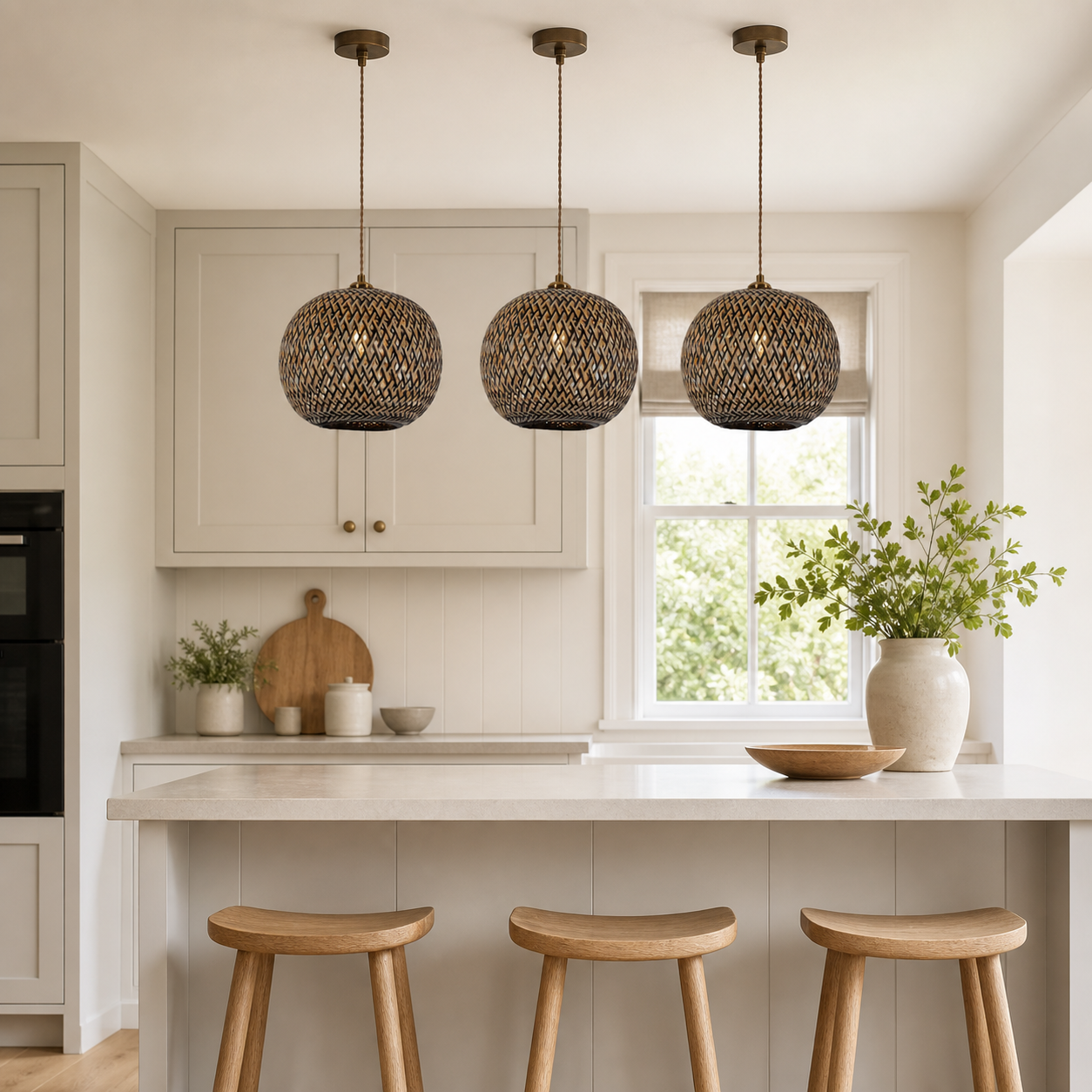 bamboo pendant light above a bright dining table