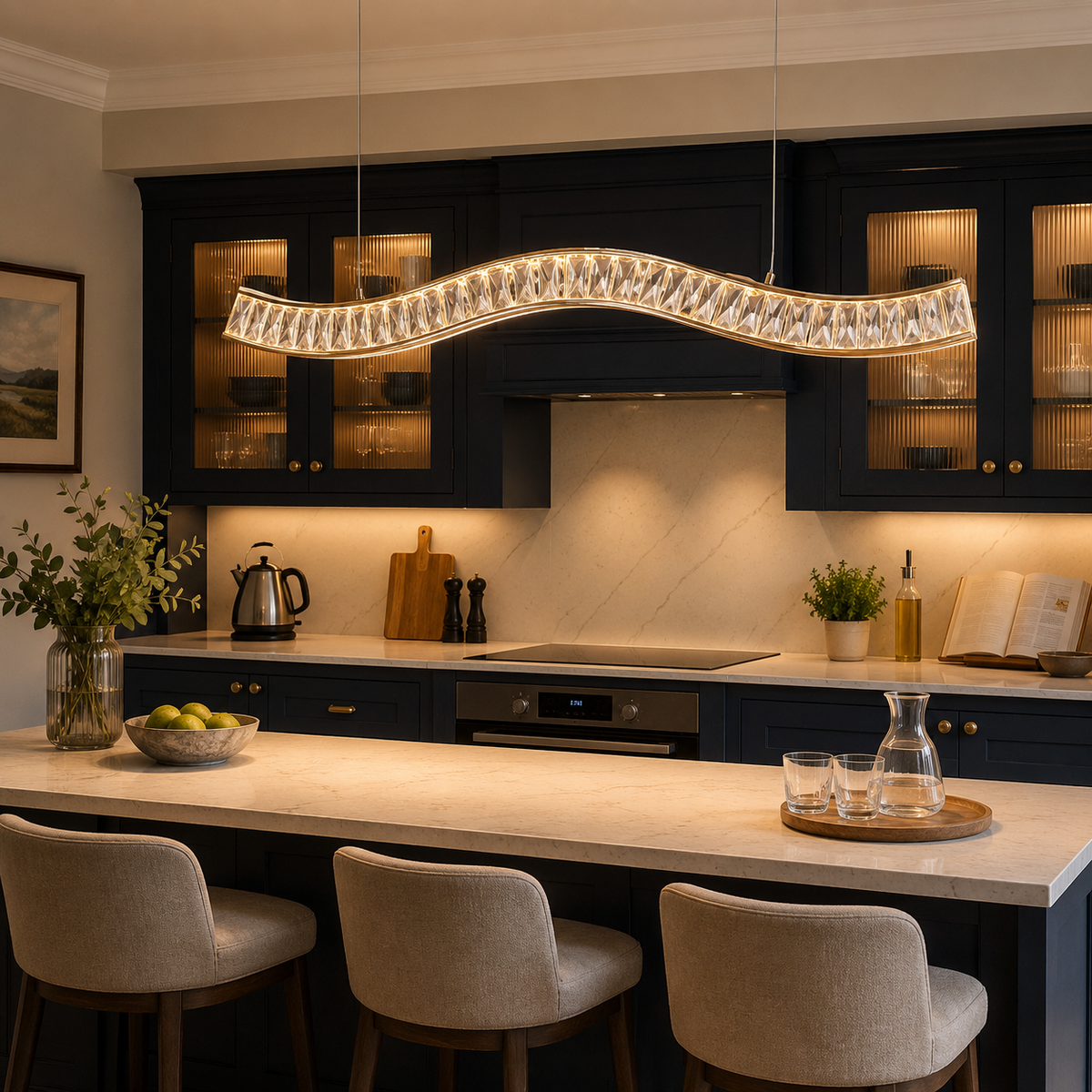 wave-detail pendant light over a warm kitchen counter