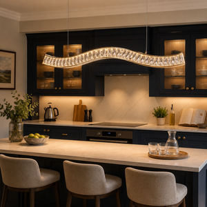 wave-detail pendant light over a warm kitchen counter