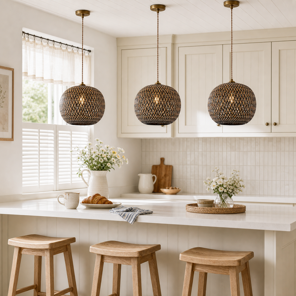 bamboo pendant light beside a bright window