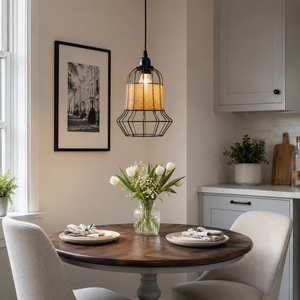 rattan iron basket pendant light over a warm kitchen counter