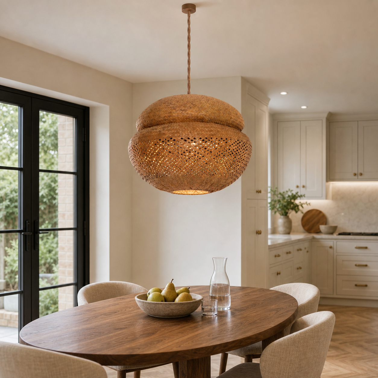 handwoven bulrush - eco-friendly pendant light in a sunlit breakfast nook