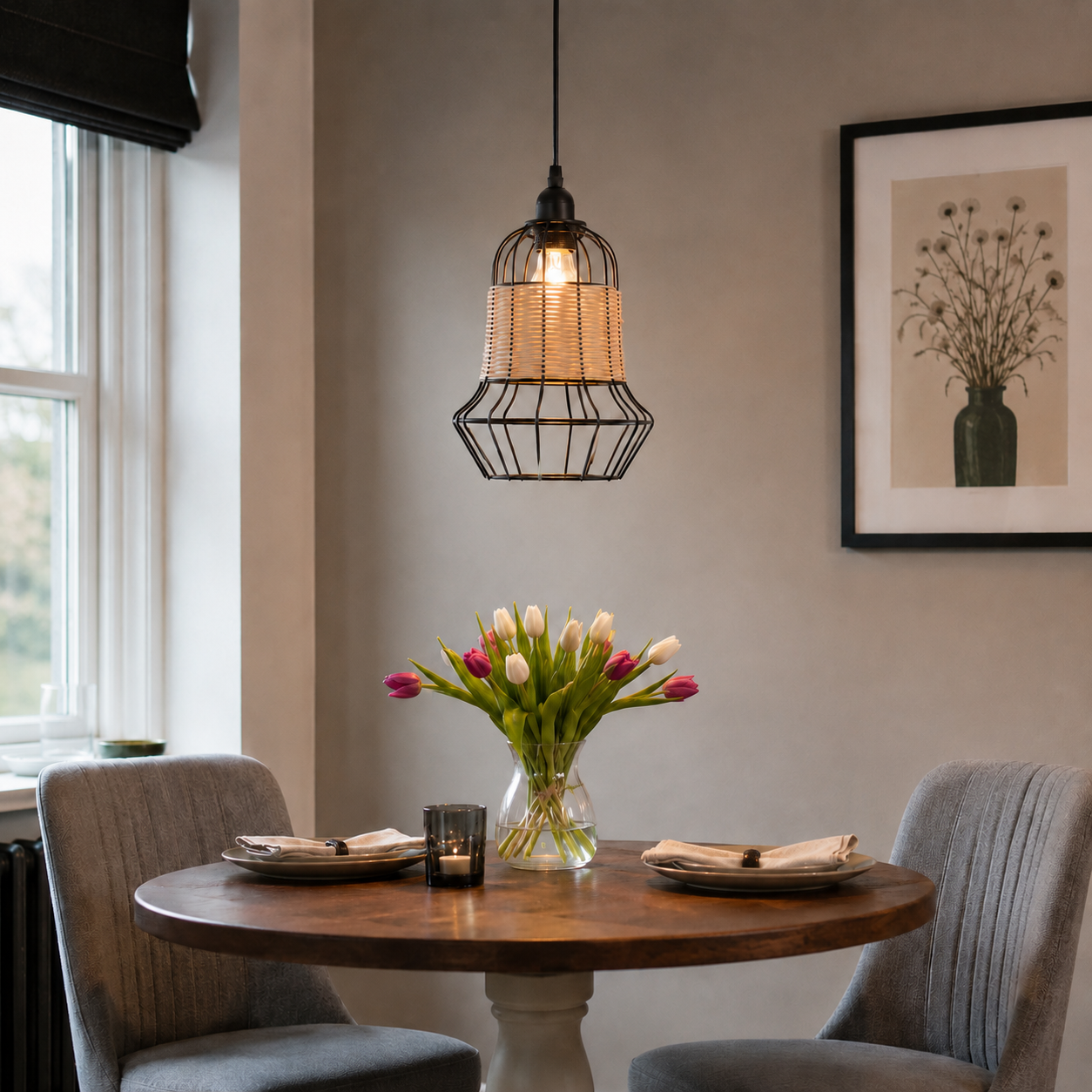 rattan iron basket pendant light in a sunlit breakfast nook