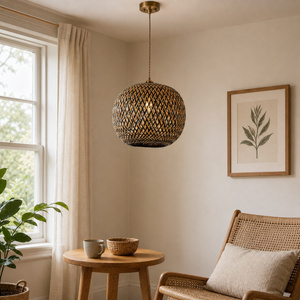 bamboo pendant light in a sunlit breakfast nook