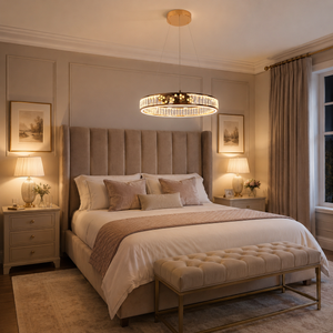 luxurious gold crystal led pendant light above a bright dining table