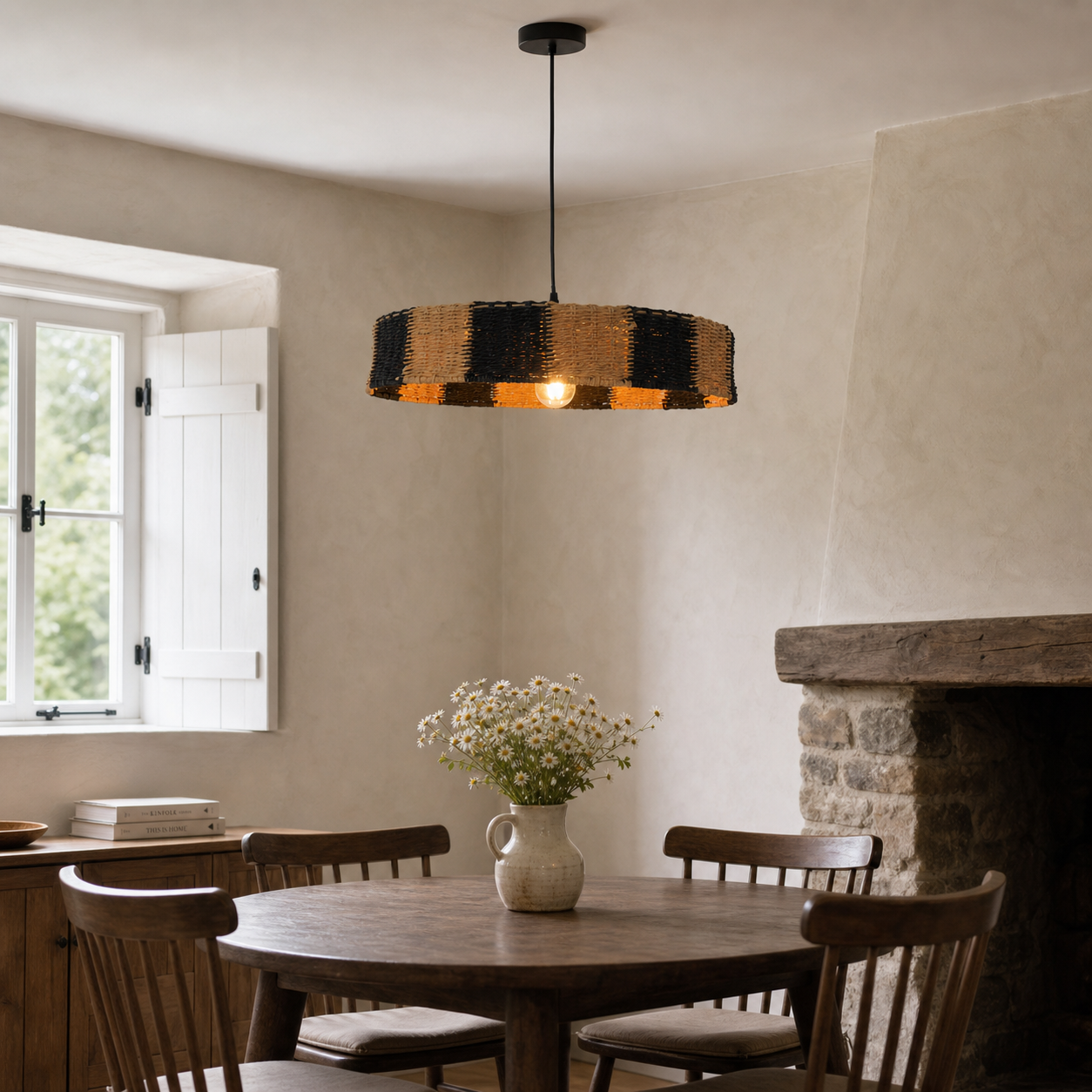 paper rope pendant light over a warm kitchen counter