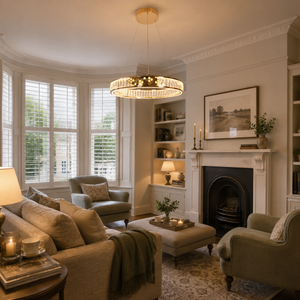 luxurious gold crystal led pendant light in a sunlit breakfast nook