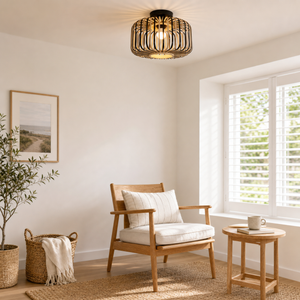 bamboo pendant light over a warm kitchen counter