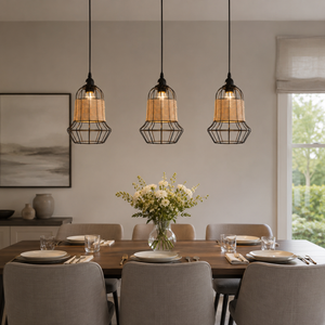 rattan iron basket pendant light in a calm bedroom corner